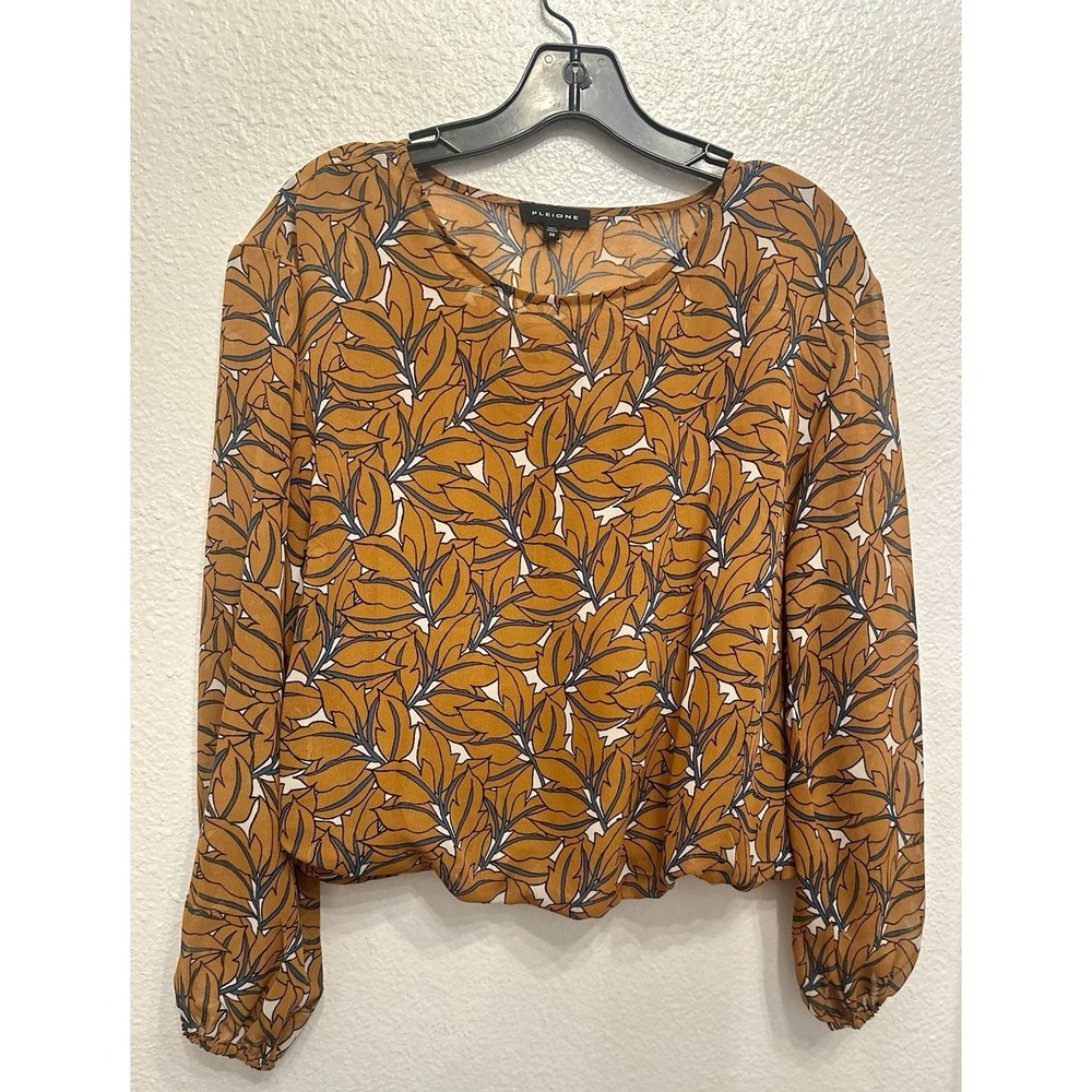 NORDSTROM Pleione Blouse Size XS Top Bubble Hem Caramel Iris Print SHIRT CAREER - Picture 2 of 9